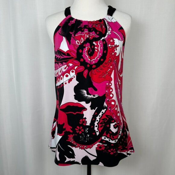 Tahari Y2K Sleeveless Halter Blouse Top Womens S Abstract Floral Print Black Red - Picture 1 of 9